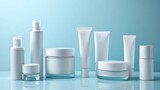 A collection of white skincare products on a blue background.
