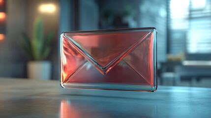 3D glass holographic email envelope icon rendered with a sleek, transparent look on a softly blurred background. Includes ample caption space on the side for text or branding.

