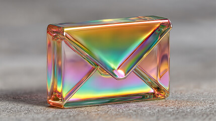 3D glass holographic email envelope icon rendered with a sleek, transparent look on a softly blurred background. Includes ample caption space on the side for text or branding.

