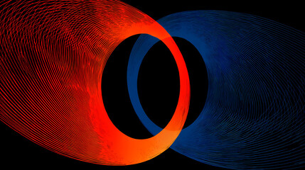 Wall Mural - Two neon rings of red and blue light spin and twist on a dark background, creating streaks of light across the surface. dynamic motion. Illustration