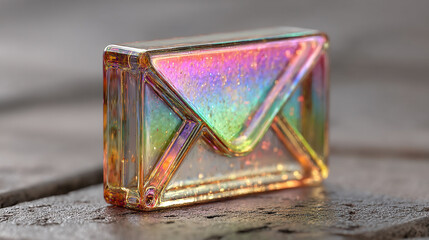 3D glass holographic email envelope icon rendered with a sleek, transparent look on a softly blurred background. Includes ample caption space on the side for text or branding.

