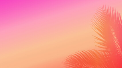 Fototapete - Blurred silhouette of tropical palm leaves against a vibrant sunset sky, warm pink, orange, and deep purple gradient, soft dreamy summer background
