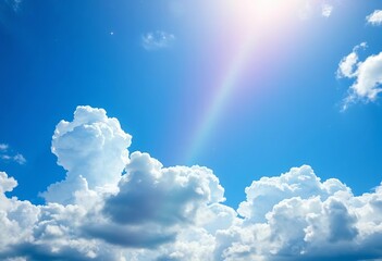 magical blue sky, white clouds, rainbow, sparkling stars, fantasy background, artwork, bright