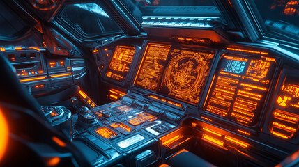 Futuristic spaceship cockpit glowing orange and blue control panels digital displays navigation system