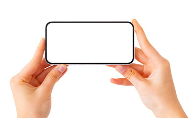 person holding mobile phone in hand, blank white screen mockup on transparent background