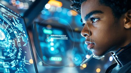 Future Vision: A young visionary stares intently at a futuristic computer interface, navigating complex data streams within a sleek, high-tech environment. Capturing an atmosphere of focus.