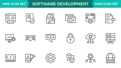 Software development line icon set. Cloud computing, programmer, website, data, bugs, appraisal, feedback, evaluation, goals, metrics, KPI outline icon collection.