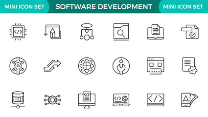Software development line icon set. Cloud computing, programmer, website, data, bugs, appraisal, feedback, evaluation, goals, metrics, KPI outline icon collection.