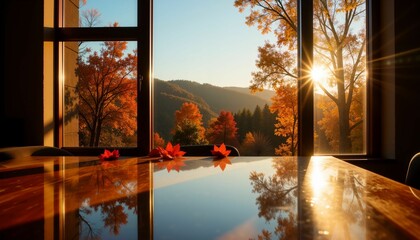 Wall Mural - Autumn view through sunlit windows reflecting on table.