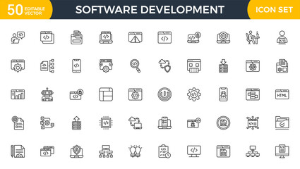 Software development line icon set. Cloud computing, programmer, website, data, bugs, appraisal, feedback, evaluation, goals, metrics, KPI outline icon collection.