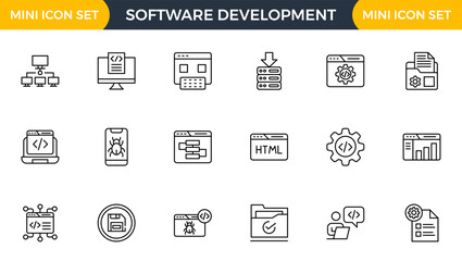 Software development line icon set. Cloud computing, programmer, website, data, bugs, appraisal, feedback, evaluation, goals, metrics, KPI outline icon collection.