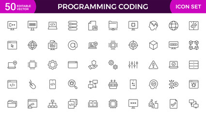 set of programming coding web icons in line style. software development icons for web and mobile app