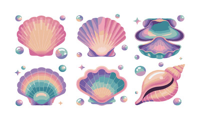 design a set of magical pastel seashell illustrations in a modern vector style, easily editable and 