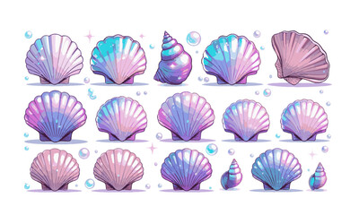 design a set of magical pastel seashell illustrations in a modern vector style, easily editable and 