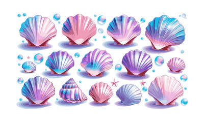 design a set of magical pastel seashell illustrations in a modern vector style, easily editable and 