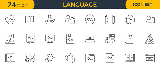  Set of Language web outline icon set. Language translation, linguistics, speaking, dictionary, listening skills, writing, communication, speech, non-verbal, writing, dictionary, text collection.