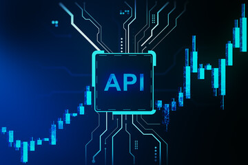 Fototapete - Futuristic API interface with digital circuit lines and glowing stock chart on dark technology background. 3D Rendering