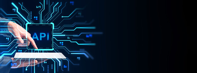 Fototapete - Businessperson interacting with digital API interface on futuristic background with glowing circuit lines and technology connections concept.