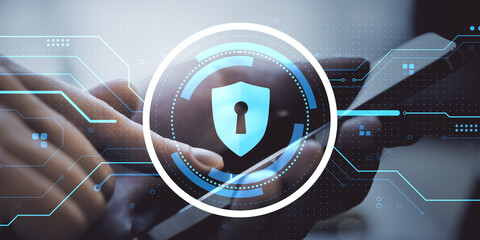 Fototapete - Cybersecurity concept showing a person using a smartphone with a digital lock interface overlay on a light-tech background symbolizing data protection.
