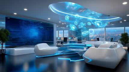 Wall Mural - futuristic office with technology symbols and computer science focus