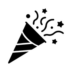 Black silhouette of a party popper exploding with confetti and stars