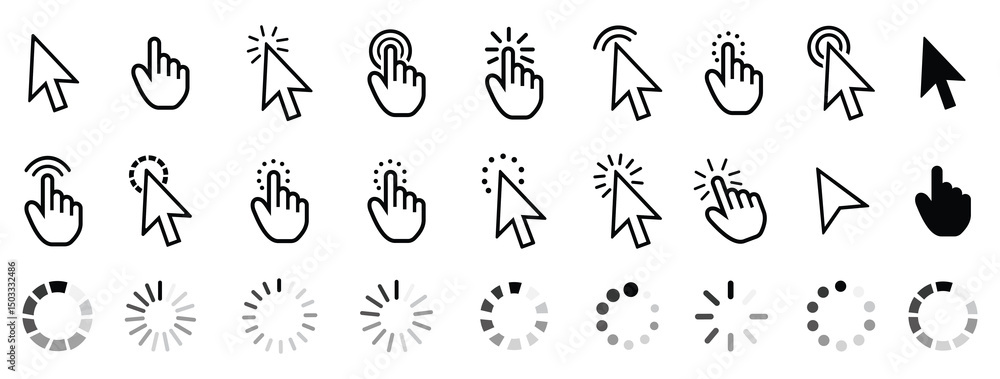 Collection of various cursor and loading icons. Black mouse pointer ...
