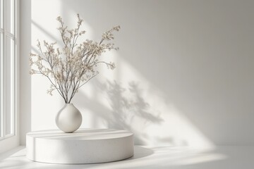 Aufkleber - Elegant white vase with dried flowers arranged in a minimalist interior setting during daylight enhances the tranquil atmosphere