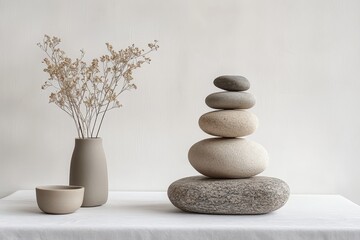 Aufkleber - Natural stones arranged harmoniously with delicate dried flowers in a simple vase on a minimalist table setting