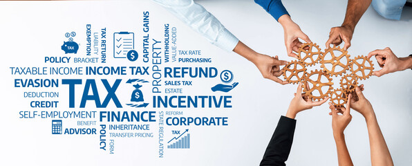 Aufkleber - A dynamic scene showcasing hands coming together, symbolizing collaboration in tax planning. The image includes terms related to tax, finance, and strategic planning in an engaging layout. Amity