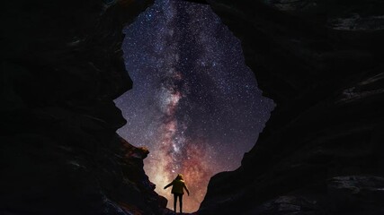 Wall Mural - hiker silhouette stands on the hill on the milky way galaxy and mountains background. night tight la