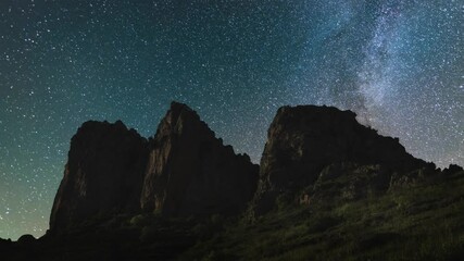 Wall Mural - night sky time lapse with bright milky way galaxy on the sky. starry night, astronomical background.