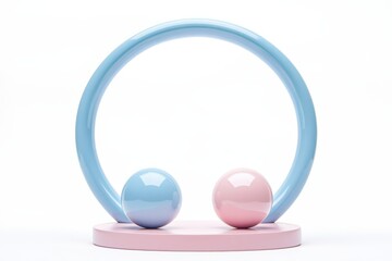 Poster - Colorful minimalist sculpture featuring pastel blue and pink spheres on a circular base, enhancing a modern decor setting in an art gallery