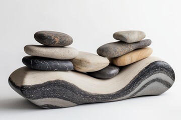 Aufkleber - Smooth stones stacked harmoniously on a minimalist shelf in a serene indoor setting during daylight hours