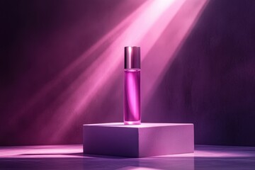 Aufkleber - Elegant perfume bottle displayed on a pedestal illuminated by soft purple light in an artistic setting emphasizing luxury and allure