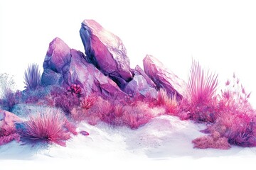 Poster - Surreal landscape with vibrant pink vegetation and rocky formations under bright light at midday