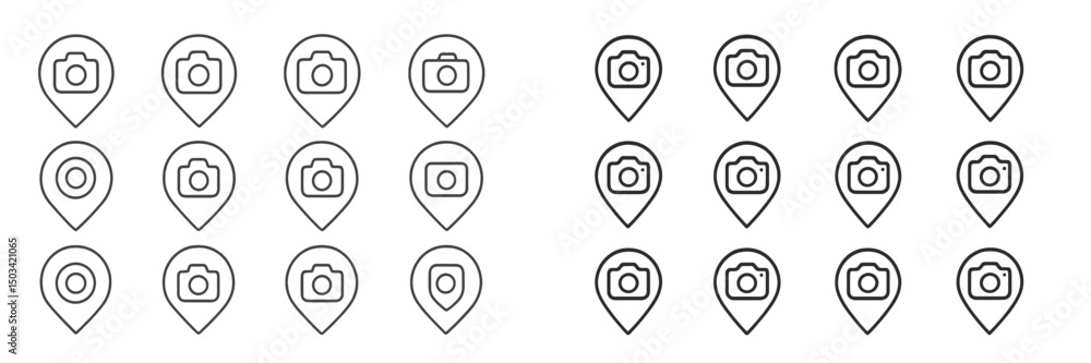 Map Camera Logo Multiple camera icons arranged in map marker style representing ...