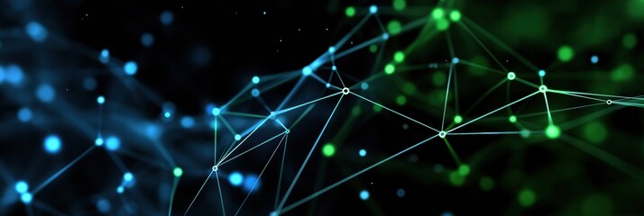A green and blue image of a network of lines and dots. Concept of complexity and interconnectedness