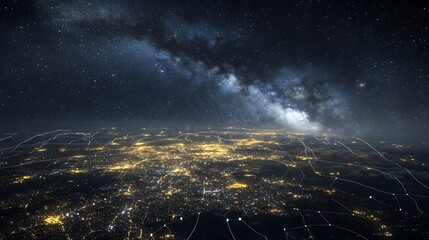 Wall Mural - cosmic scene of light pollution over a city showing the contrast between the glow of artificial ligh