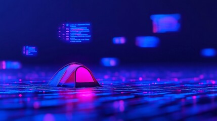 Digital nomad lifestyle symbolized by a glowing tent under floating code clouds