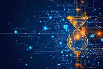 Wall Mural - digital hourglass: circuitry time flowing, blue and gold tech abstraction.