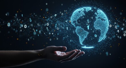 digital earth globe hovers above a hand surrounded by binary code representing global connectivity a