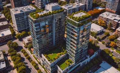 Poster - City view of two tall buildings with a green roof. The buildings are surrounded by trees and the sky is clear