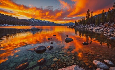 Poster - Beautiful lake with a sunset in the background. The water is calm and the sky is orange