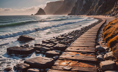 Poster - Beach with a wooden boardwalk and rocks. The beach is calm and peaceful. The rocks are scattered along the shoreline, and the water is calm. The scene is serene and relaxing