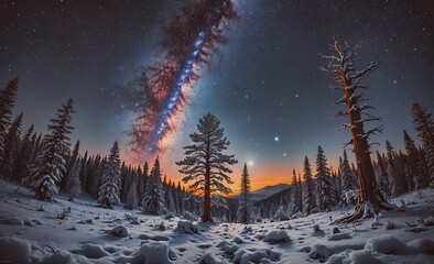 Wall Mural - Beautiful night sky with a large, glowing cloud of milk. The sky is filled with stars and the Milky Way. The scene is peaceful and serene, with a sense of wonder and awe