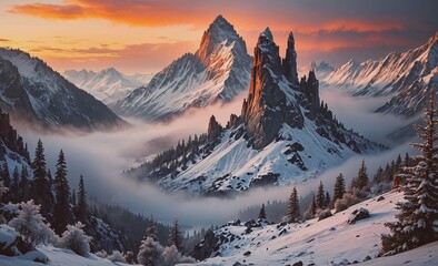 Poster - Mountain range with snow and fog in the background. The mountains are covered in snow and the sky is orange