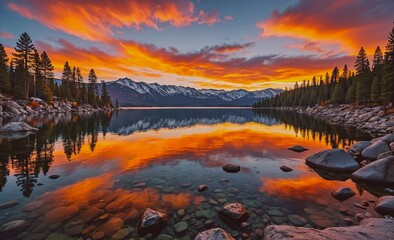 Poster - Beautiful lake with a mountain range in the background. The sky is orange and pink, creating a serene and peaceful atmosphere