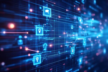Wall Mural - digital network: glowing icons, data stream, blue tech grid.