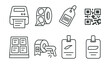 © Александр Михайлюк - Line style icons of packaging and branding: label printer icon, round sticker roll, adhesive tag with barcode, QR code for product, printed label sheet, branded tape with logo, product scan tag,