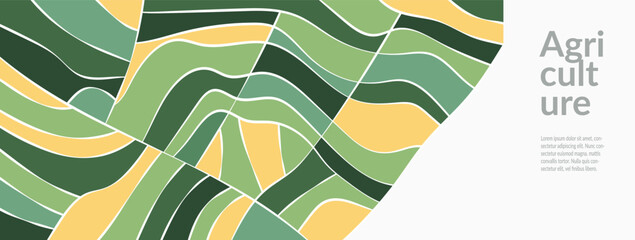 Wall Mural - Abstract vector design featuring rice field, wheat, tea crop across rural landscape. Eco-friendly, minimal textures and patterns highlight nature and agriculture. Banner, cover, environmental template